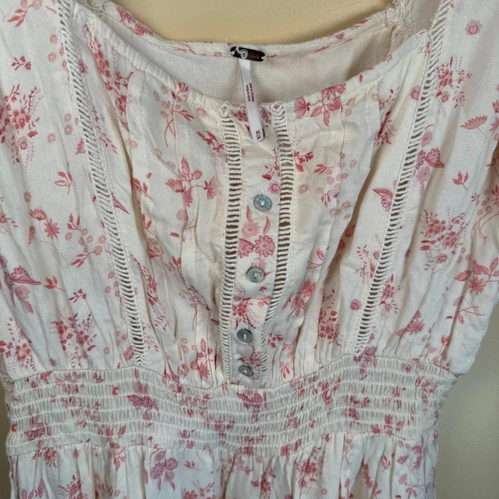 Free People Dandelion Mini Dress Women Medium Cream Pink Floral Boho Cottagecore